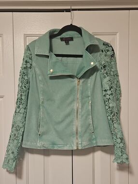 NWOT C Wonder Mint Lace-Sleeve Moto Jacket with Gold Hardware